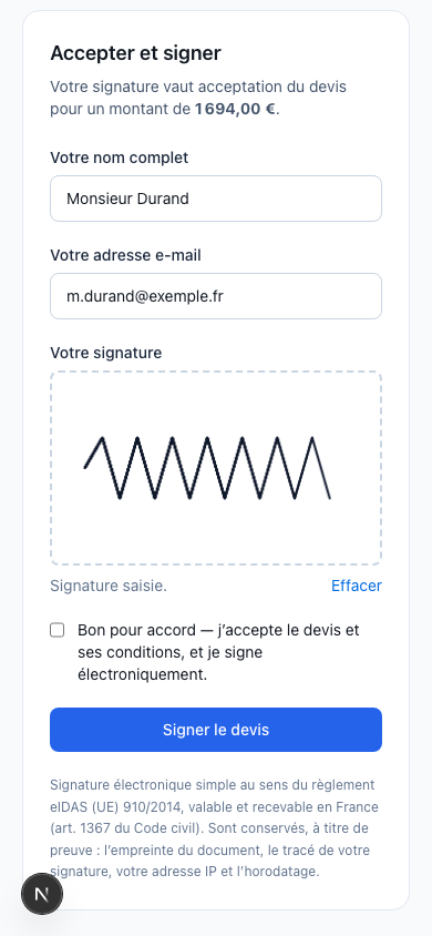 Écran de signature sur téléphone : le montant de 1 694 € et la signature tracée au doigt.
